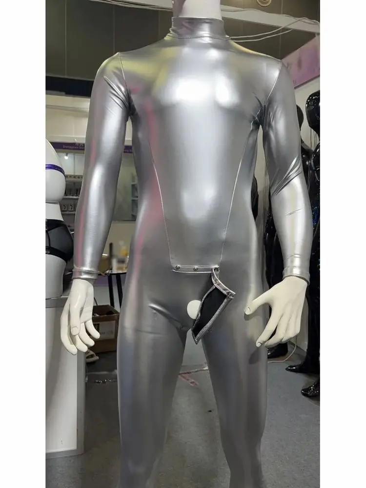 

M-4XL Faux Latex Catsuit Elastic PU Leather Bodysuit Mens Convex Pouch Zipper Crotch Leotard Cosplay Jumpsuit Conjoined Unitard