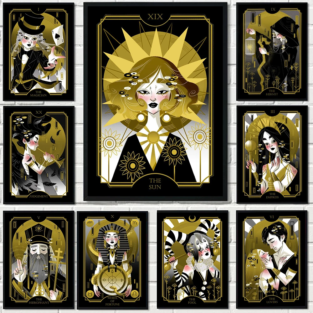 Gold Moon Tarot Poster Prints Living Room Home Decor Nordic Abstract The Fool Emperor Devil Magician Canvas Painting Wall Art