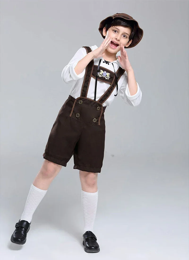 Classic Children Bavarian Lederhosen Oktoberfest Costume German Beer Boys Outfit Hat Top Suspender Shorts Set Halloween Costume