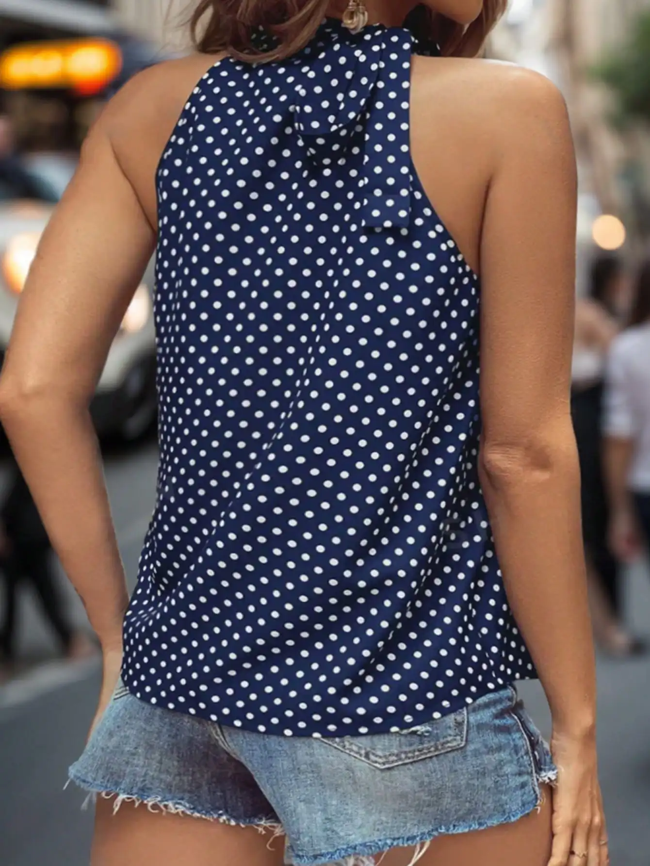 Plus Size Women Polka Dot Halter Sleeveless Blouse Summer Loose Fit Bow Tie Back Tank Tops Casual Vacation Shirts