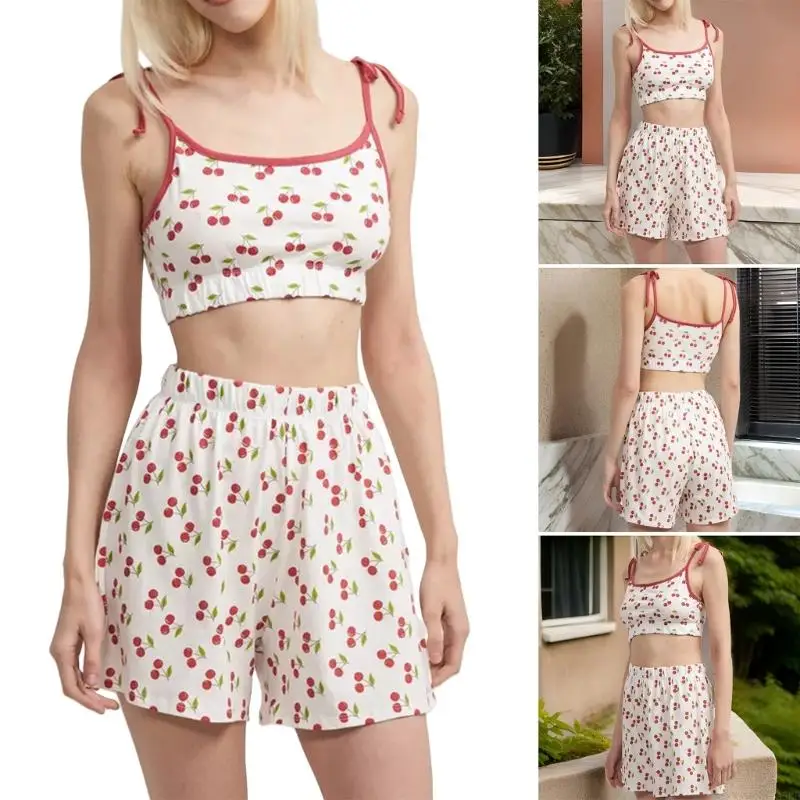 

Женские 2PCS Sleepwear Set Set Cherry Print Loungewear Tie Strap Cami Top Top и Шорты для ног для повседневной домашней одежды
