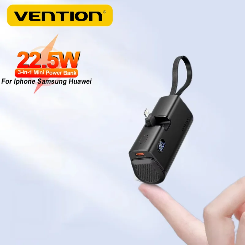 Vention 4800mAh Mini Power Bank PD 22.5W Fast Charge Lightning Type-C Plug Play External Spare Battery for iPhone Samsung Huawei