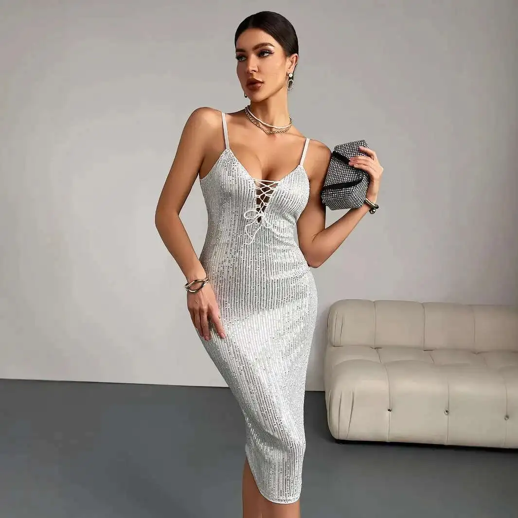 

Color Solid Sequin Sexy Hip Hugging Nightclub Women's Cocktail Party Dress African Wedding 2025 Summer Dress Robe Vestido Women