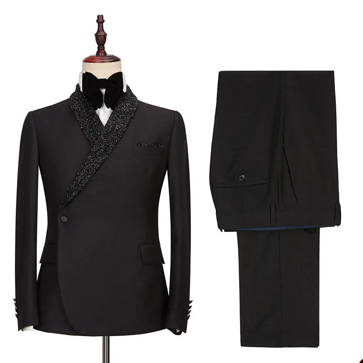 Smokings de Mariage Noirs à Paillettes pour Homme, Châle, Revers, Pantalon de Marié, Veste d'Anniversaire, de Bal, Tenue Formelle, Ensemble de 2 Pièces