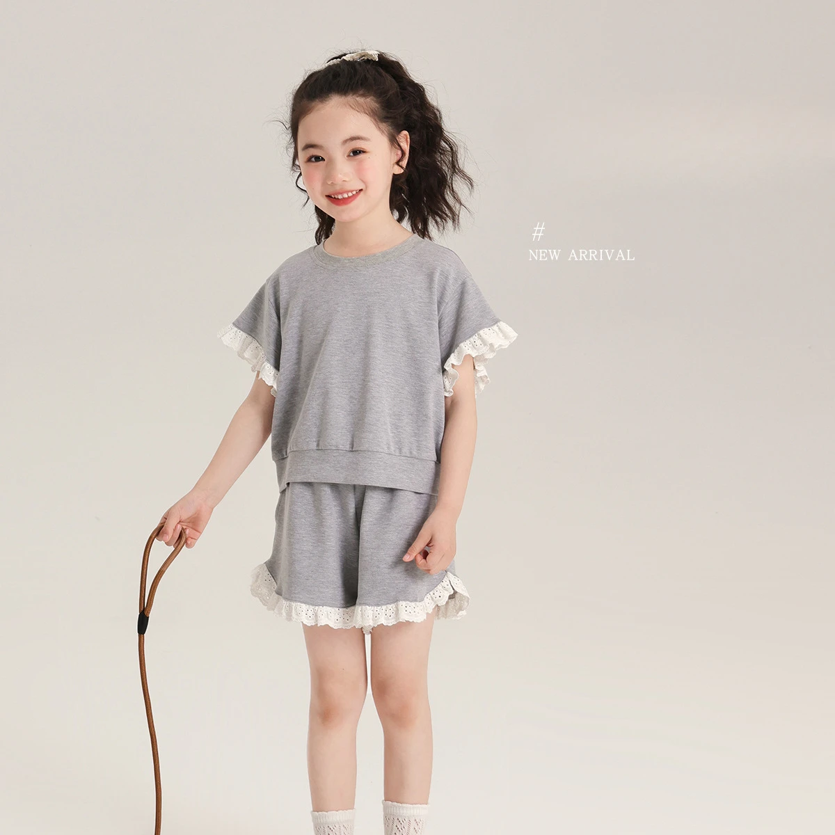 Girl Clothes Suit Summer Lace Knit Set Children Short Sleeve Shorts Set Lace Edge Cotton Skin Friendly Short Sleeve 2-piece Set