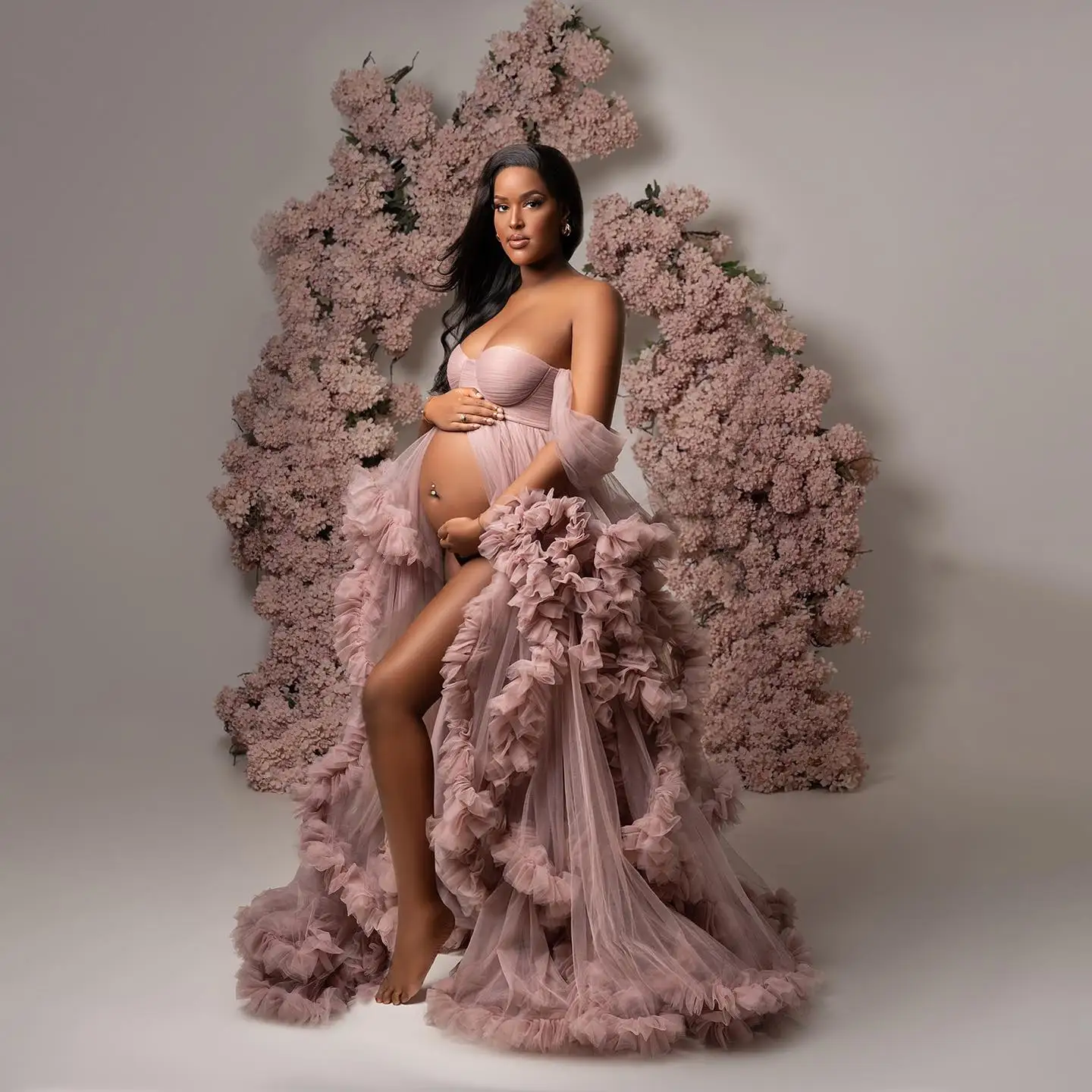 Dusty Pink Pregnant Women Maternity Robes Off the Shoulder Babyshower Gowns Puffy Ruffles Photography Dresses Customized image 5
