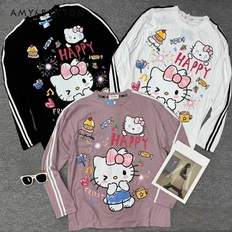 

Y2k футболка с длинными рукавами и милым мультяшным принтом для женщин, новая осенняя свободная универсальная возрастная нижняя рубашка, пуловер, одежда