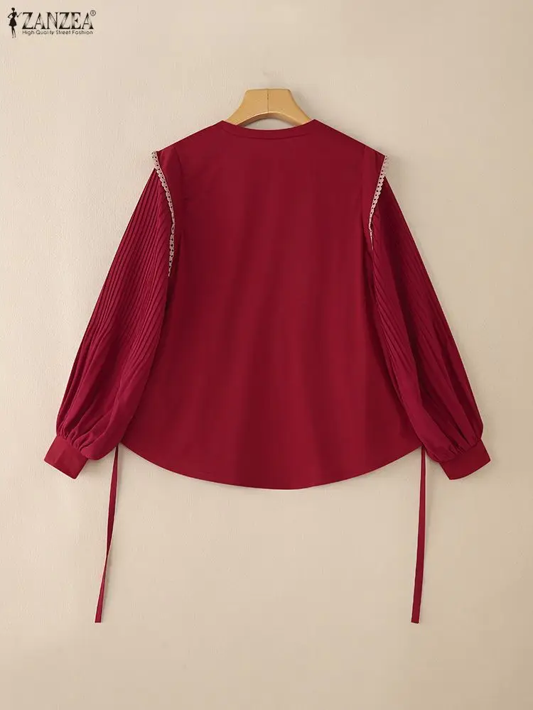 ZANZEA Donna Autunno Patchwork Camicetta 2025 Camicia moda musulmana Pullover a pieghe Mujer Femme Elegante manica lunga a lanterna Top