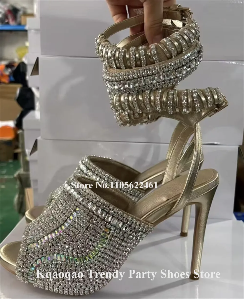 Kqaoqao Bling Bling Rhinestones Stiletto Heel Sandals Peep Toe Crystals Patchwork Gold Ankle Wrapped Thin Heel Wedding Pumps