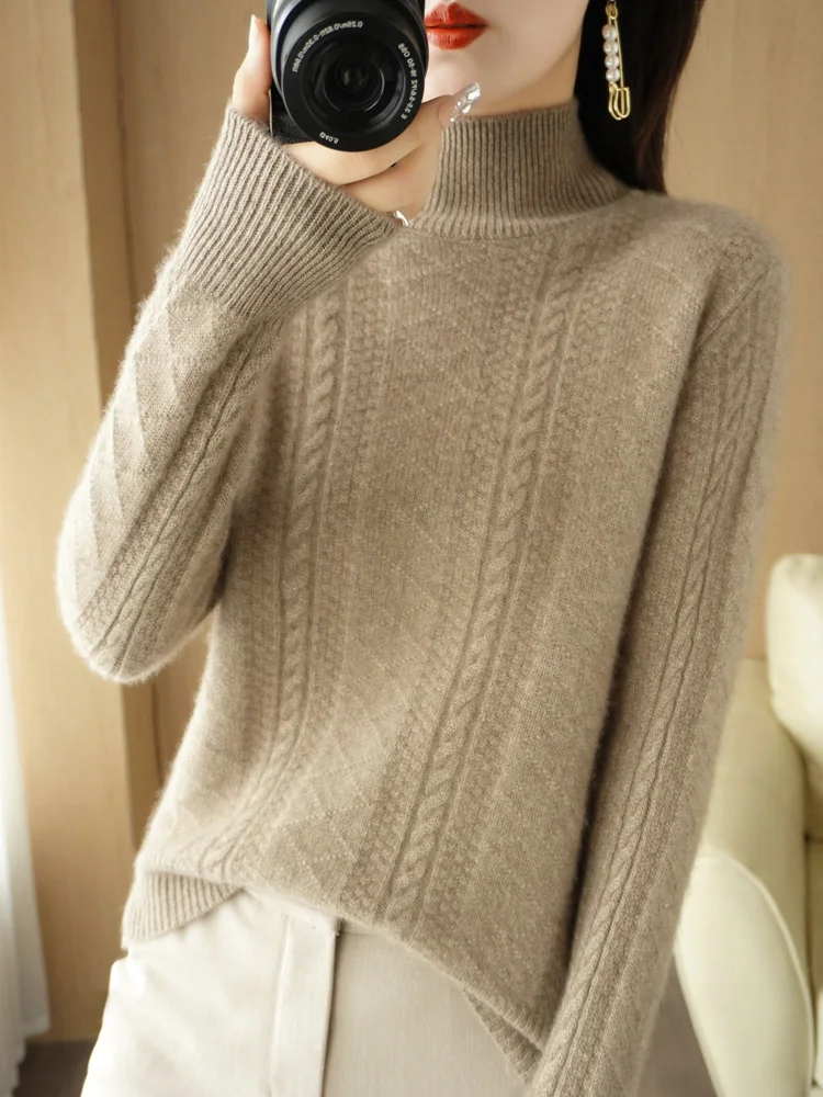 Women 100% Merino Wool Sweater Mock Neck Thick Pullovers Autumn Winter Warm Soft Twist Cashmere Knitwear Korean Fashion Tops