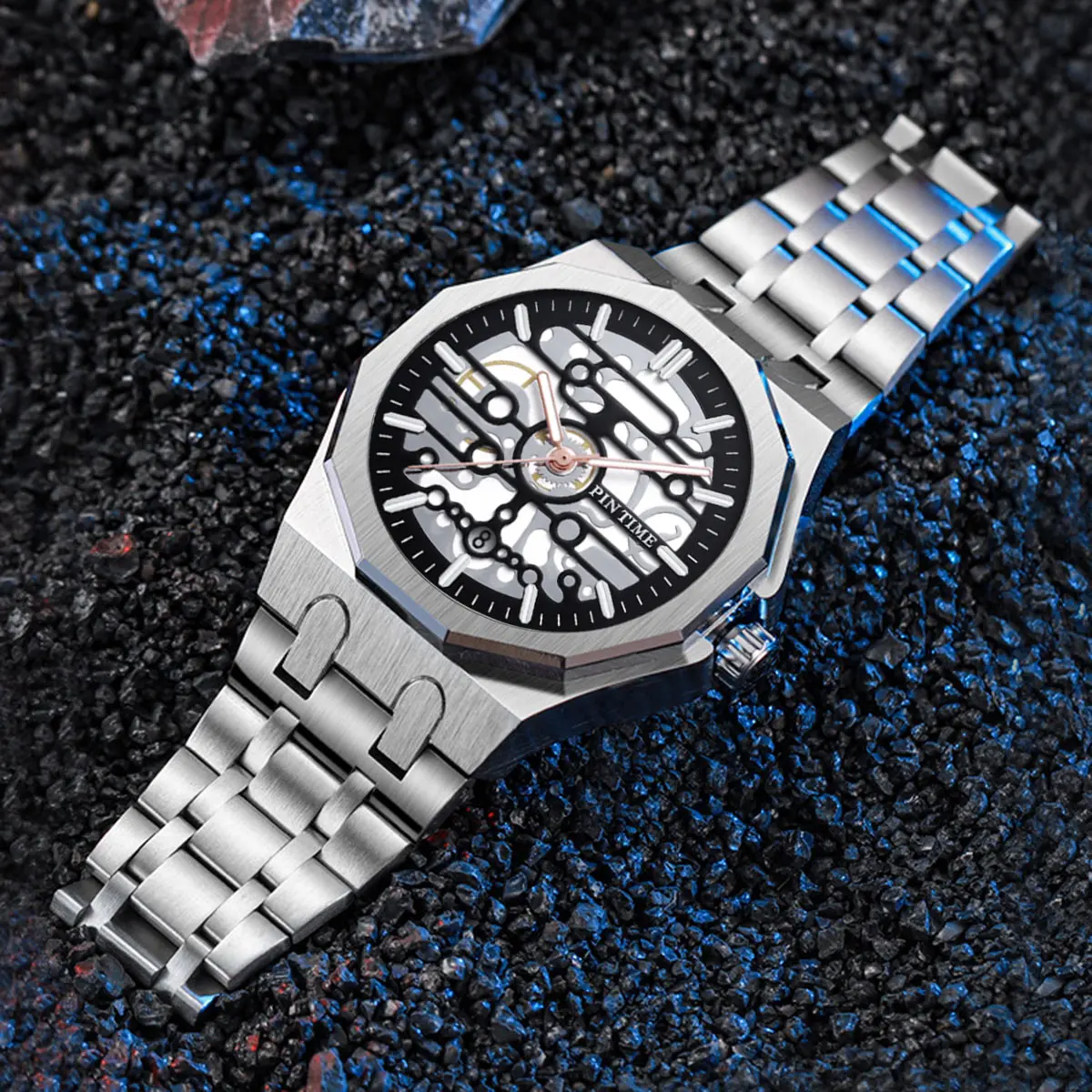 Wholesale Men Fashion Watch Stainless Steel Skeleton Dial Quartz Wristwatch Auto Date Luminous Waterproof Clock