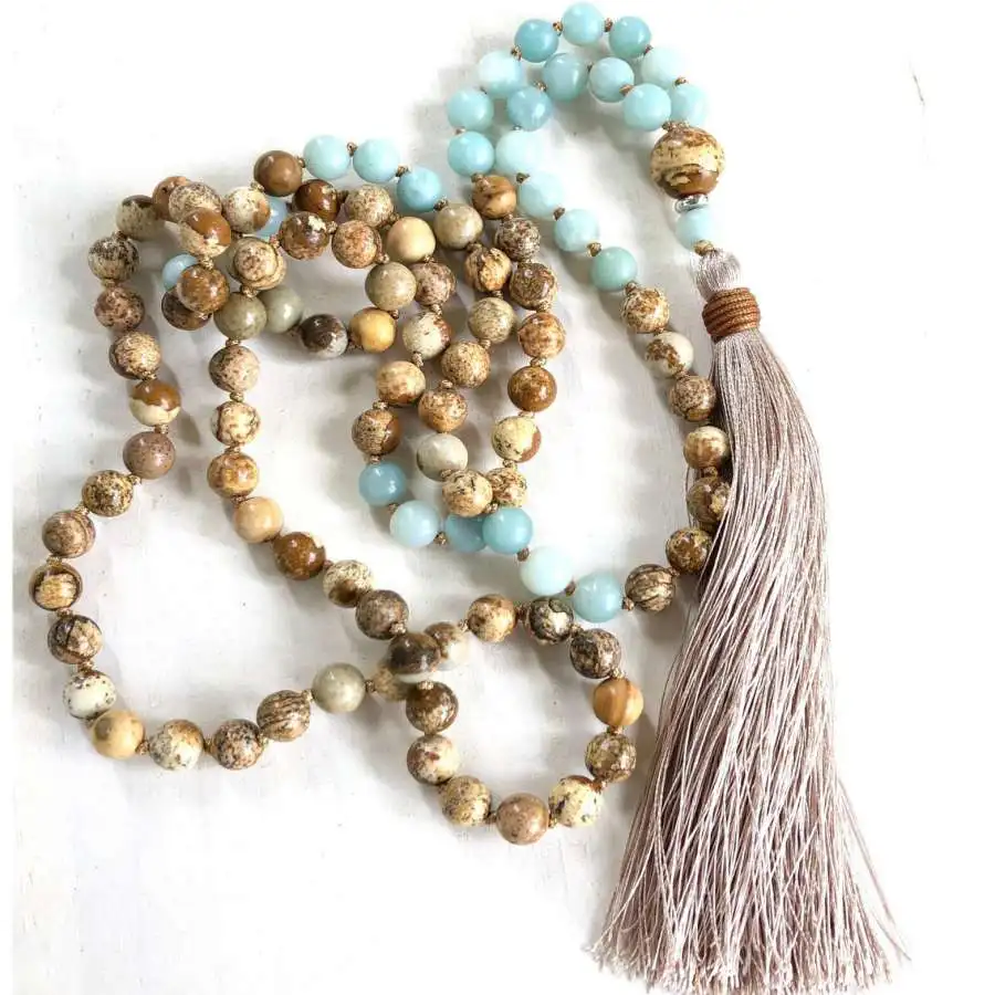 

Natural Picture Jasper 108 Beads Mala Necklace with Amazonite Beige Tassel Spiritual Jewelry