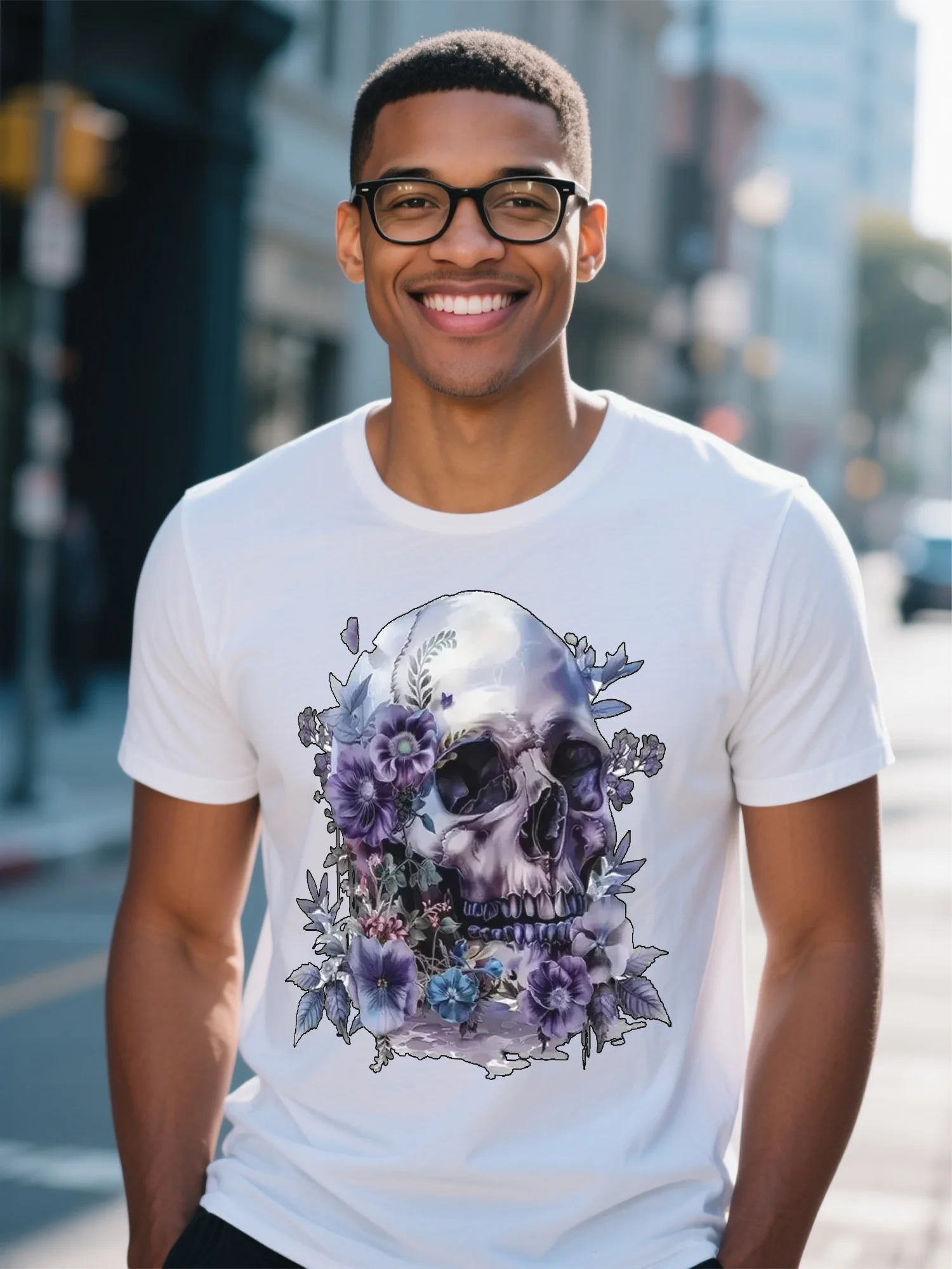 

Men's Premium White T-Shirt - High Street Abstract Skull Flower Design