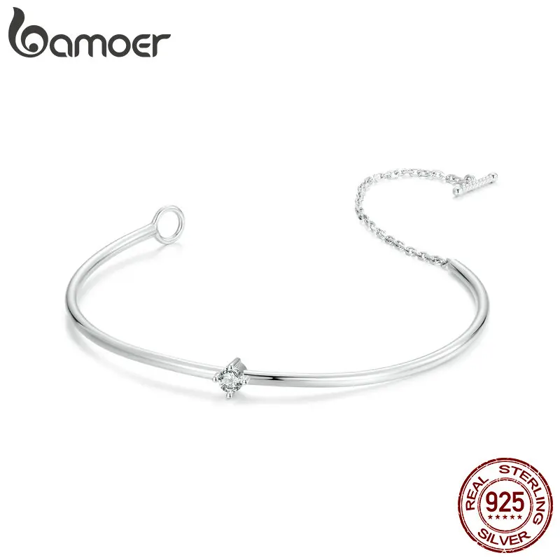 

BAMOER 925 Sterling Silver Simple Zircon Bangle Shiny Star Bracelet for Women Valentine's Day Gift Platinum Plated Fine Jewelry