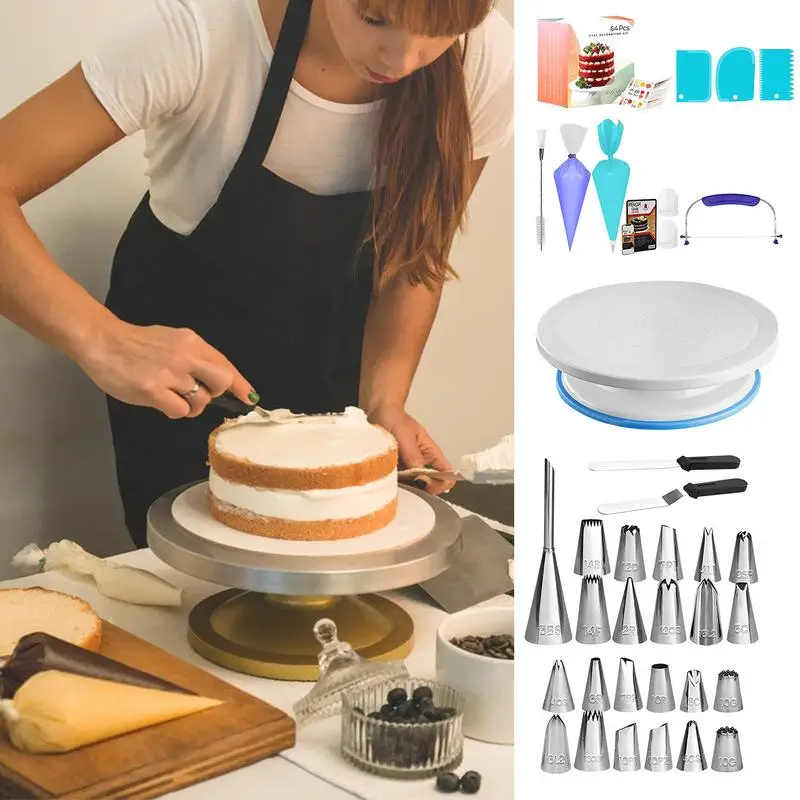 

Cake Decorating Kit For Beginners 64PCS Cake Turntable Piping Bags And Tips Set Baking Supplies Frosting Pastry Tools Icing