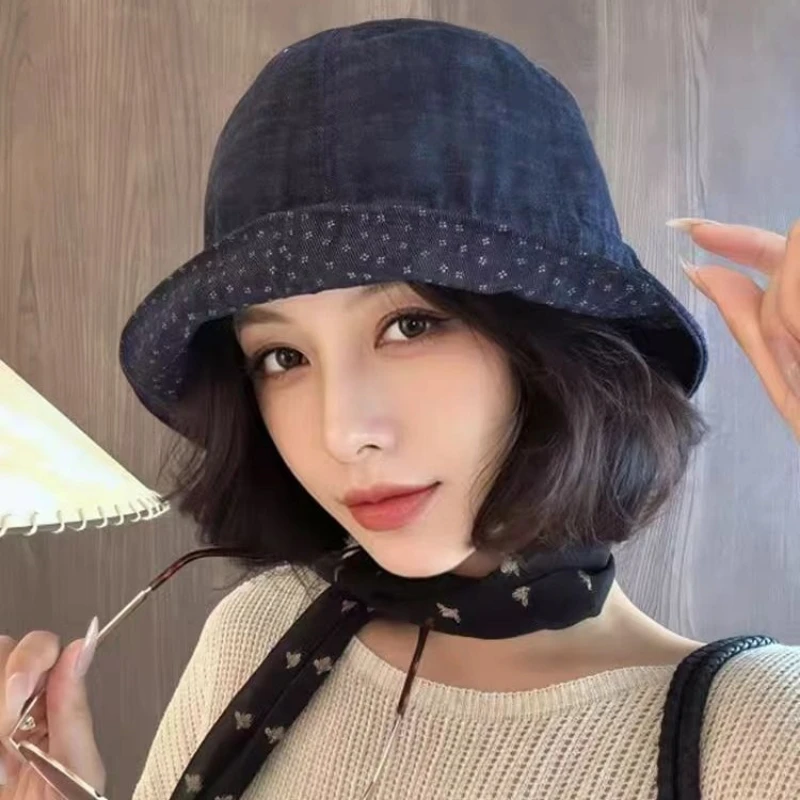 Women Bucket Hat Reversible Double Sided Printed Fisherman Cap Denim Style Polka Dot Casual Sun Hat Cute Adjustable Visor