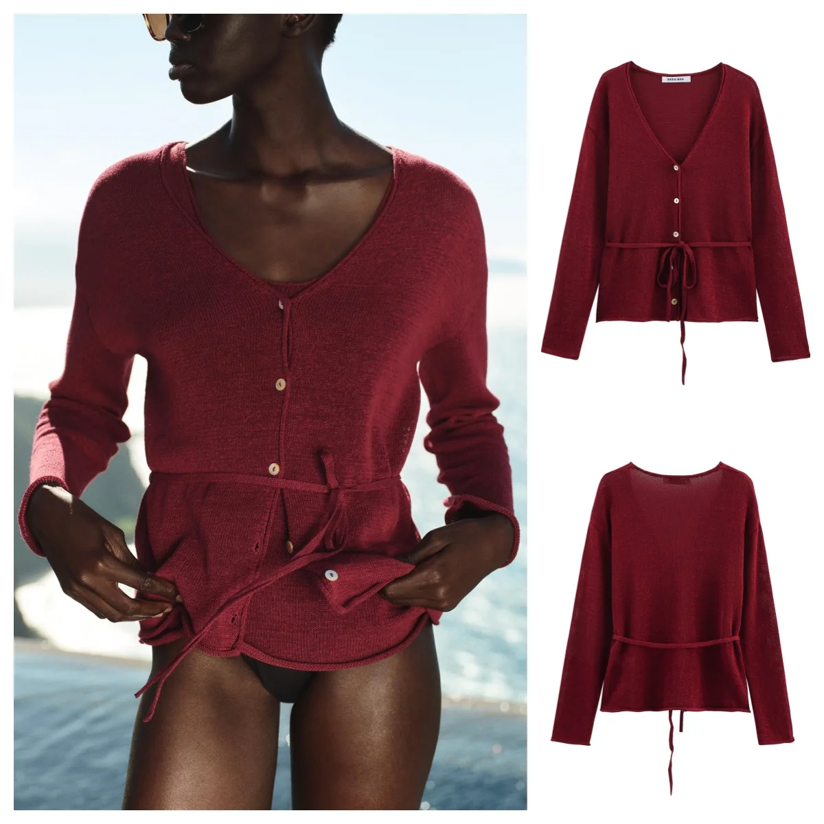 

European and American style new fashion all-match V-neck waist tie long-sleeved knitted sweater