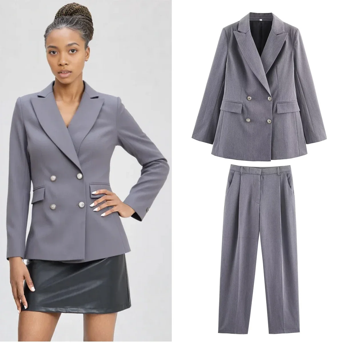 

Офисный женский осенний комплект из двух предметов, пиджак с подкладкой на плечах, двойной пиджак с длинными рукавами, пиджак, комплект брюк с высокой талией