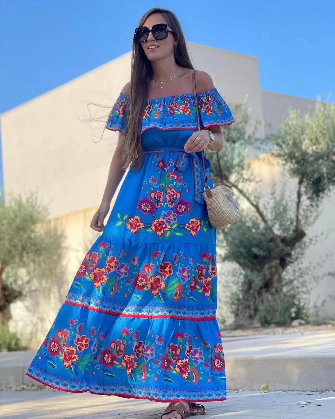 2024 Spring Summer New Independent Stand Amazon Off-shoulder Red Flower Printing Long Dress Oversized Wide Hemline Sleeveless