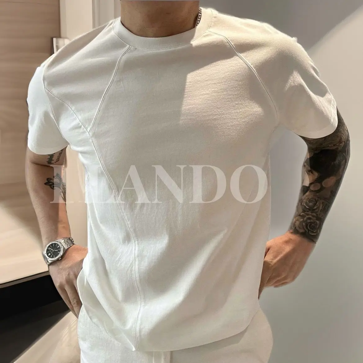 High-quality Summer New Designer Splicing Embroidery Round Neck Short-sleeved T-shirt Solid Color Sports Half-sleeved Top