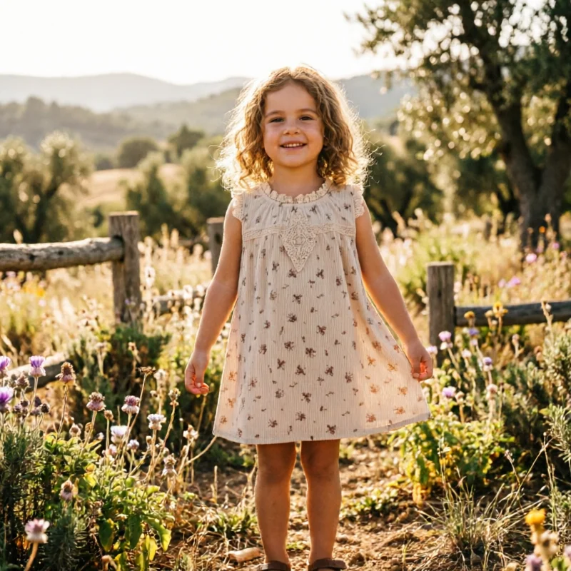 Baby Girl Dress Summer Floral Sleeveless Toddler Lace Ruffle Neck A-Line Casual Korean Style Kids Ribbed Sundress 73-120CM