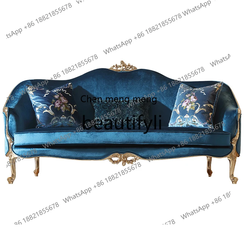 

French court blue velvet sofa beech retro luxury European fabric sofa