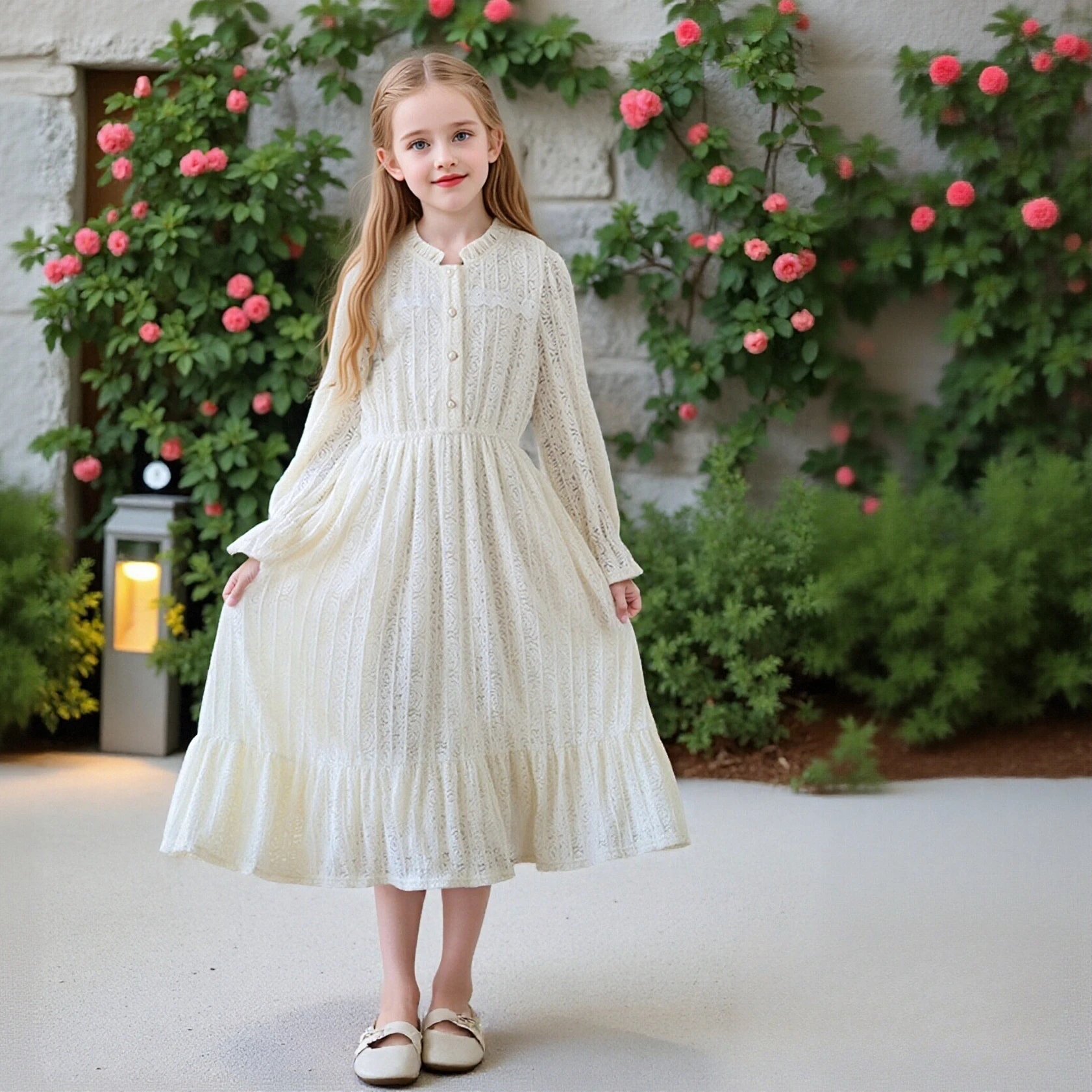 

Детское кремовое кружевное платье миди с длинными рукавами, воротником-рюшами, пуговицами спереди, многоярусной юбкой и расклешенными манжетами для повседневной носки и праздников