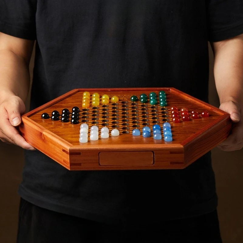 Wooden Chinese Checkers Set with Agate Marbles, 32cm Large Hexagonal Board Game with 12 Spare Marbles for Family Party