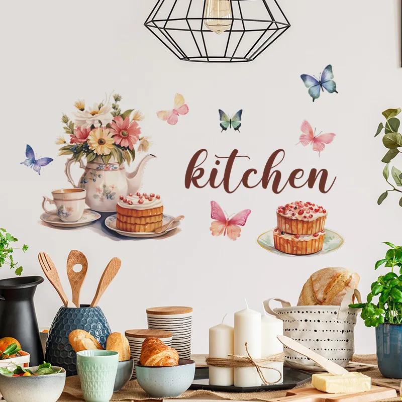 Kitchen Gourmet Flower Butterfly Wall Sticker Delicate Life Butterfly  Kitchen Wall Stickers Self-adhesive