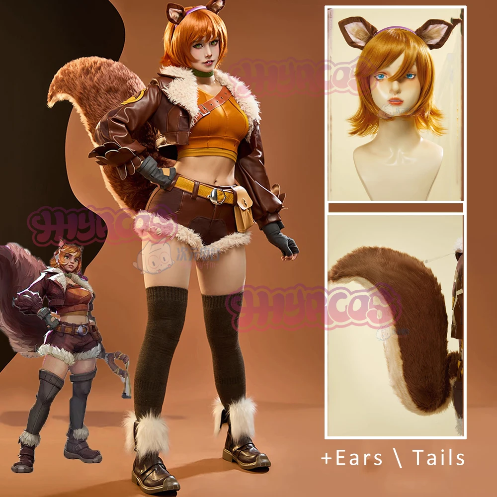 

Костюм с белкой для девочек, костюм Doreen Allene Green Rivals, кожаная куртка, шорты, поясная сумка, перчатки, комплект с хвостом, женская униформа на Хэллоуин