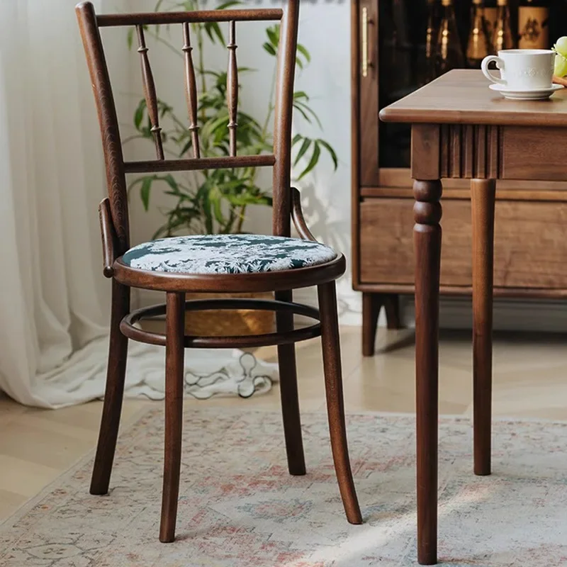 Harajuku forest solid wood dining chair retro green soft bag stool backrest national style medieval fabric dressing chair