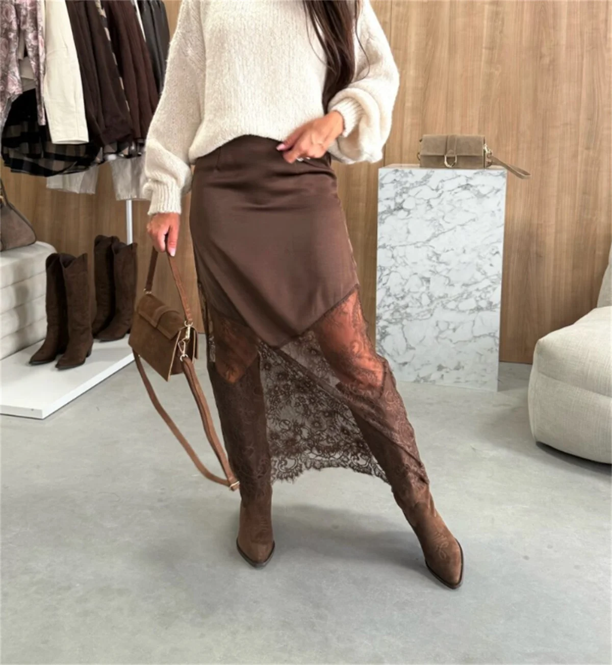 Sexy Spitze Patchwork Schlank Röcke Frauen 2025, Neu Im Herbst Frühling Solide Hohl Rock Dame Party Club Abend Kleidung Straße Chic