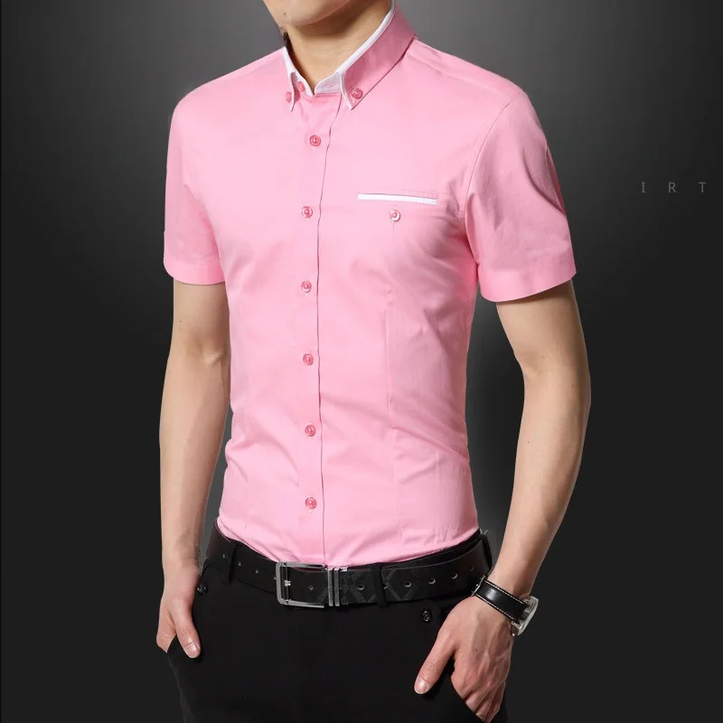 

Мужская рубашка Slim Fit с коротким рукавом, воротником на пуговицах, для ночных клубов, свадеб, стилистов, больших размеров, для работы в баре, светло-розового цвета