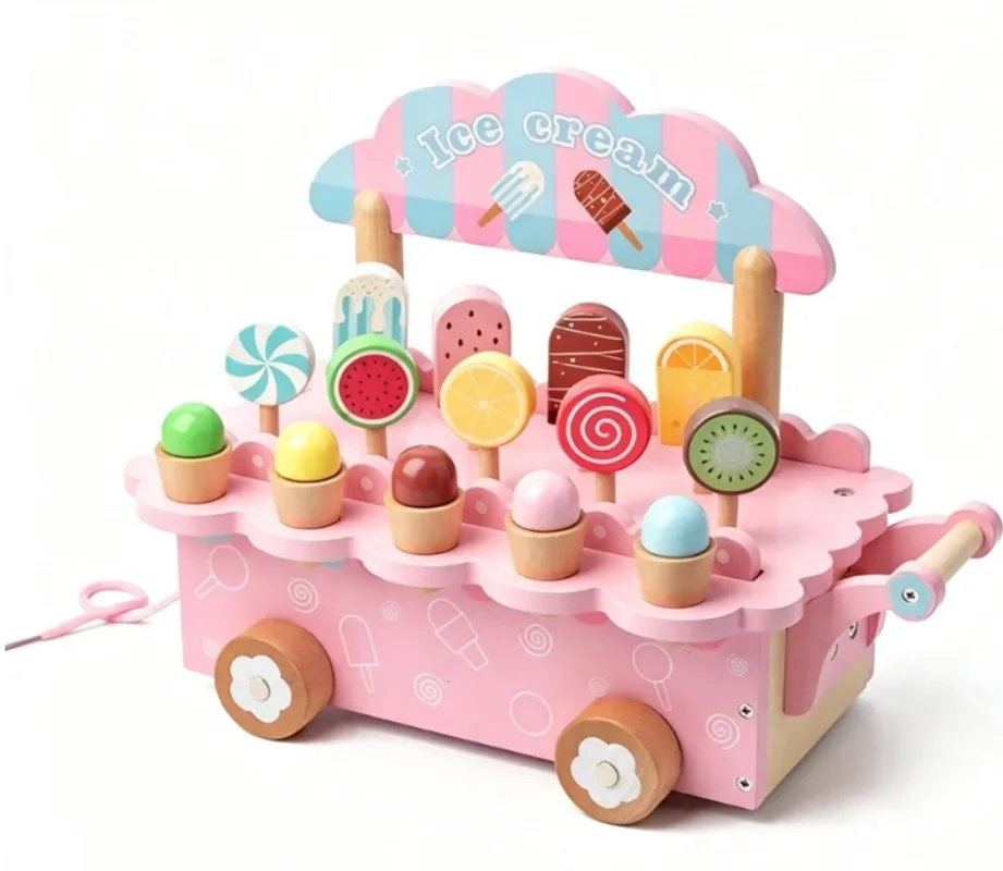 Kids Wooden Ice Cream Cart Pretend Food Toy Set, Simulation Role‑Play Ice Cream Trolley Toy for 3‑8 Year Old Children