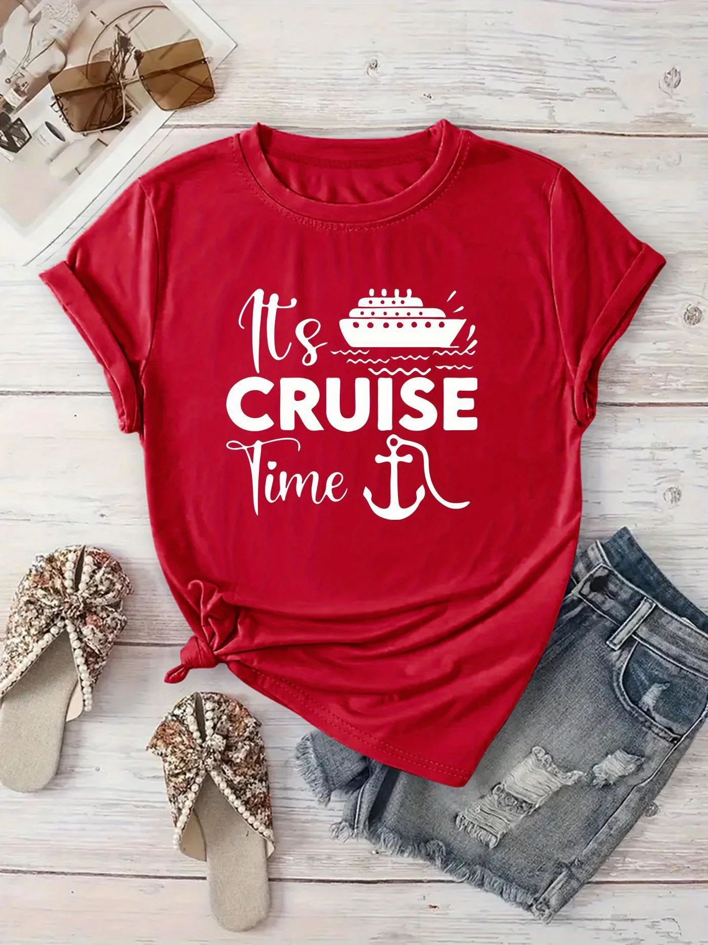 

Женская футболка Cruise Ship Graphic «It's Cruise Time», красная футболка с круглым вырезом и короткими рукавами, повседневная весенне-летняя каникулы