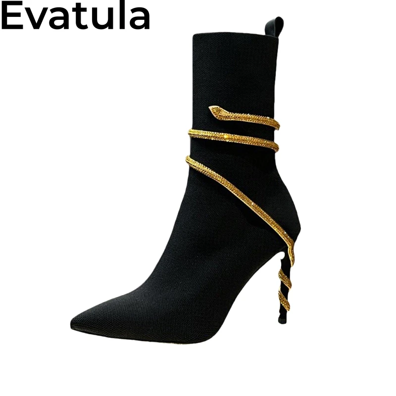 2024 Autumn Black Knitted Thin High Heels Ankle Boots Women Pointy Toe Snake Wrap Short Boots Sexy Elastic Slim Sock Boots Femme