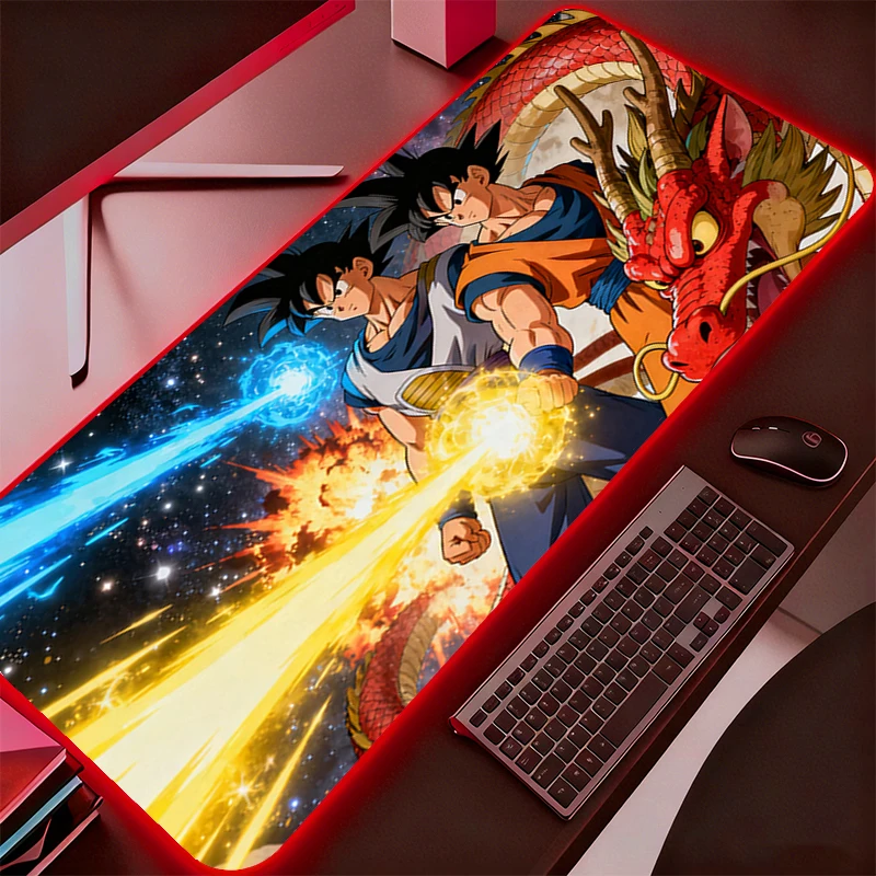 แผ่นรองเมาส์ขนาดใหญ่ LED สำหรับสำนักงาน คอมพิวเตอร์ โต๊ะทำงาน RGB พรมรองคีย์บอร์ดลายดราก้อนบอล DBZ อุปกรณ์เสริมสำหรับเล่นเกม แผ่นรองเมาส์มีไฟแบ็คไลท์