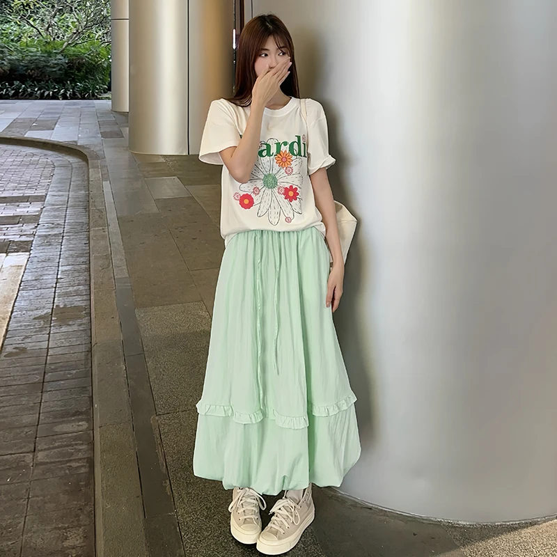 LanCharm المرأة الربيع الشمس حماية كشكش تنورة الصيف مترهل تنورة فضفاضة عالية الخصر البطن التحكم ألف خط ماكسي تنورة