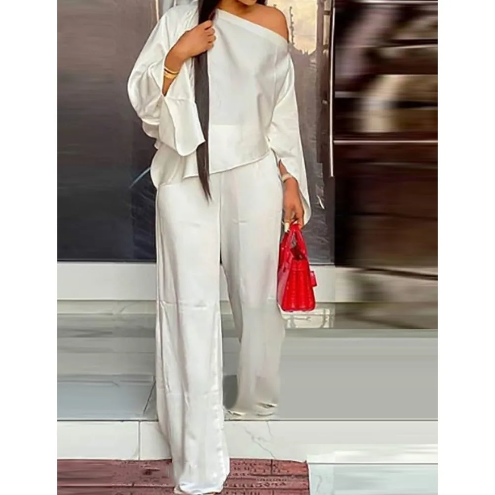 Spring Summer New Seven Point Sleeve Shirt Women Fashion Diagonal Shoulder Casual Elegant Wide Leg Trousers Home Wear 2piece Set