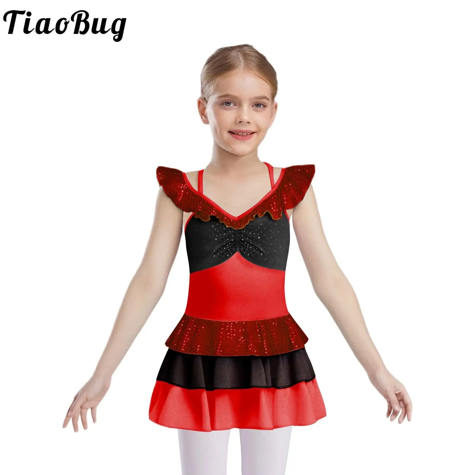 Teen Girls Ballet Dance Tutu Dress Figure Skating Gymnastics Performance Costume Rhinestones Tiered Ruffled Ballerina Leotard