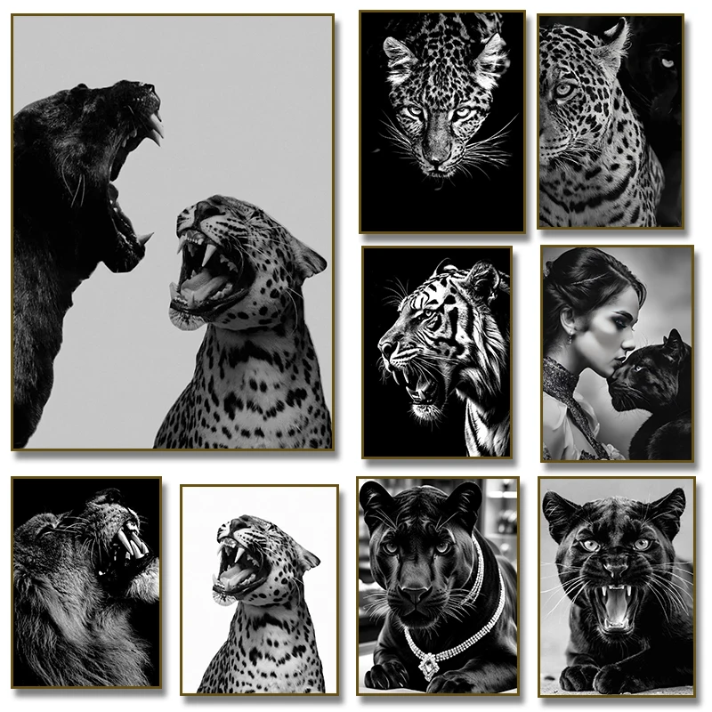1PCS frameless Canvas paintingLuxury Black & White Tiger Panther Leopard and Jaguar Roar Poster Canvas Painting Print Wall Art P