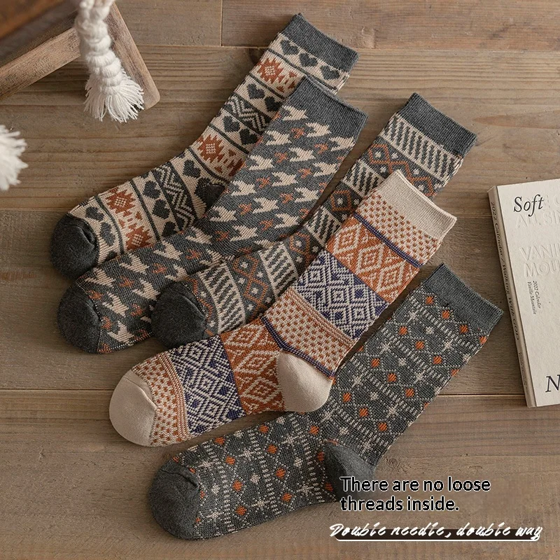 Retro Ethnic Socks Women Cotton Blend Mid Calf Warm Socks Seamless Toe Tribal Pattern Long Socks 5 Pairs for Fall Winter Daily