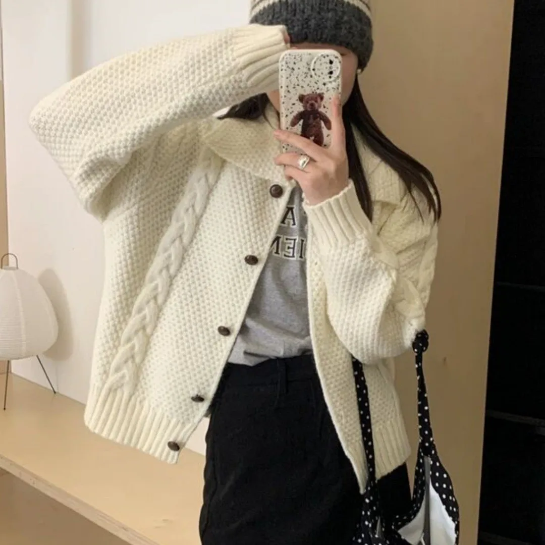 New Lapel Twist Solid Color Soft Waxy Sweater Women's Loose College Style Short Knitted Cardigan Jacket