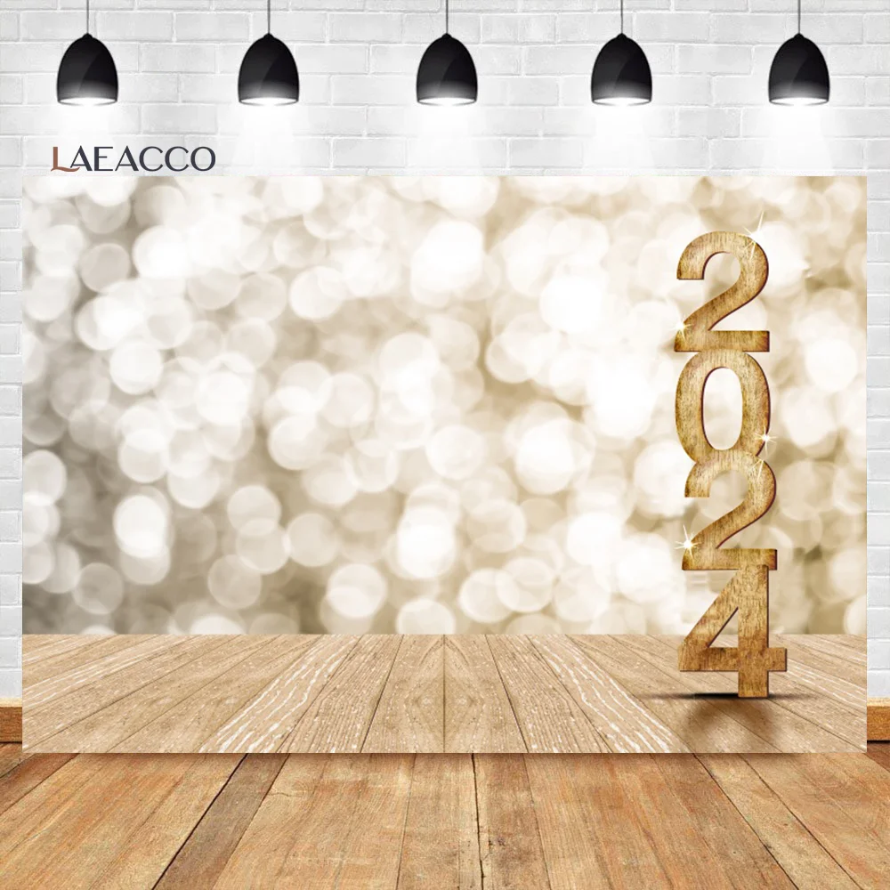 

Laeacco 2024 Happy New Year Backdrop Dreamy Light Bokeh Rustic Wood Festival Party Decor Kids Portrait Photography Background