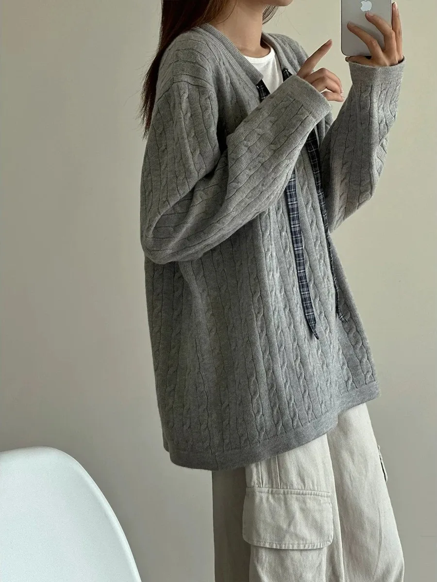 Autumn Winter Long Sleeve V-Neck Knitted Grey Sweater Hooded Removable Sash Japanese Lazy Style Casual Loose Fit Unisex