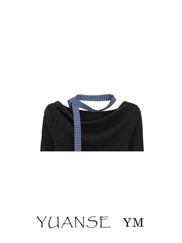 Black Asymmetrical Hem T-Shirt Women's Spring Autumn New Style Plaid Splice Top with Sash Atmosphere Elegant Long Sleeve Tee