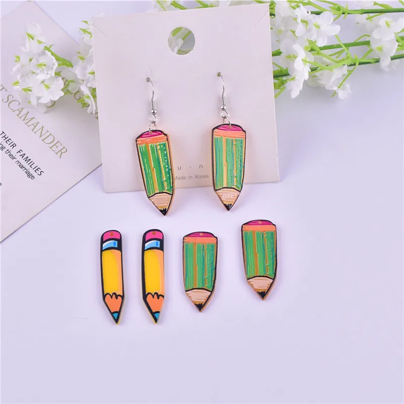 10pcs/pack School Pencil Stationery Acrylic Charms Pendant for Earring Necklace Jewelry Making Craft DIY