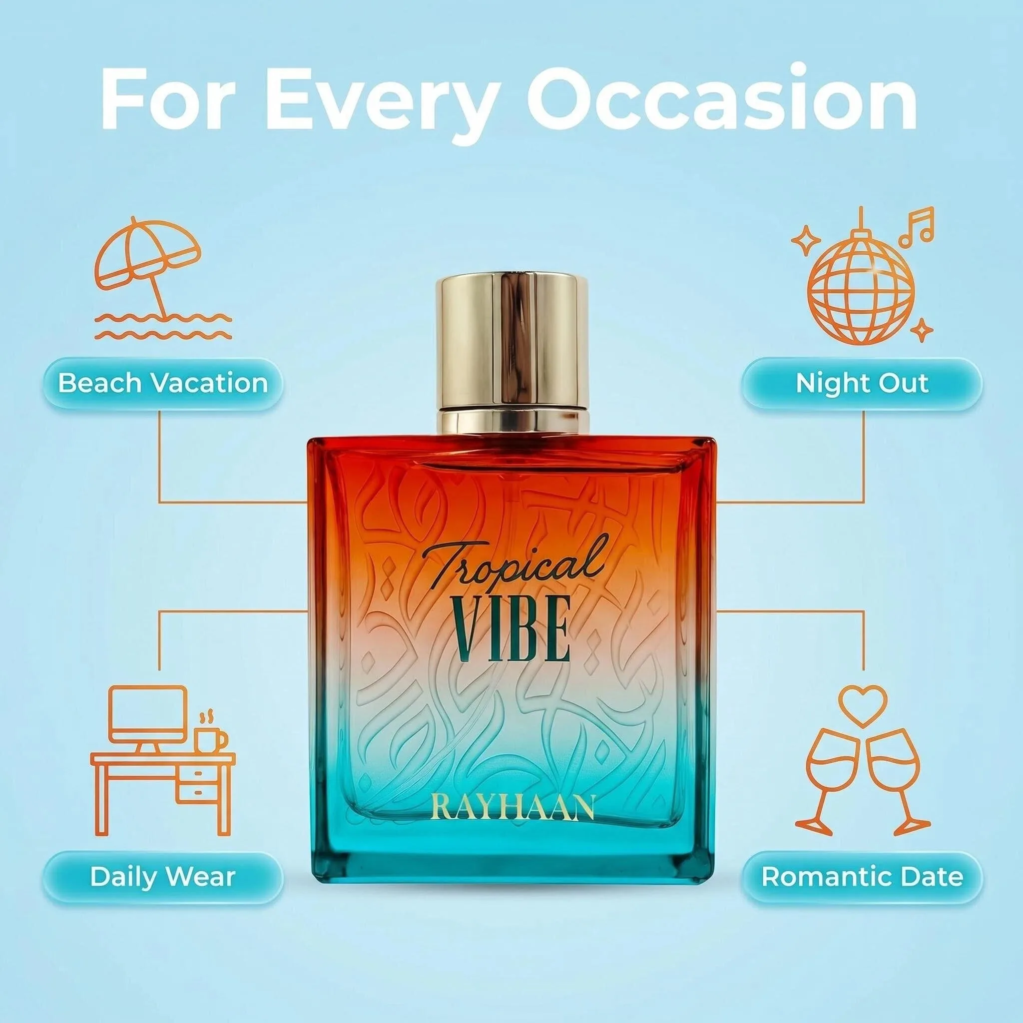 

Rayhaan Tropical Vibe Unisex Eau de Parfum 100ml Fresh Mango Pineapple Coconut Scent Summer Vacation Perfume for Women Men