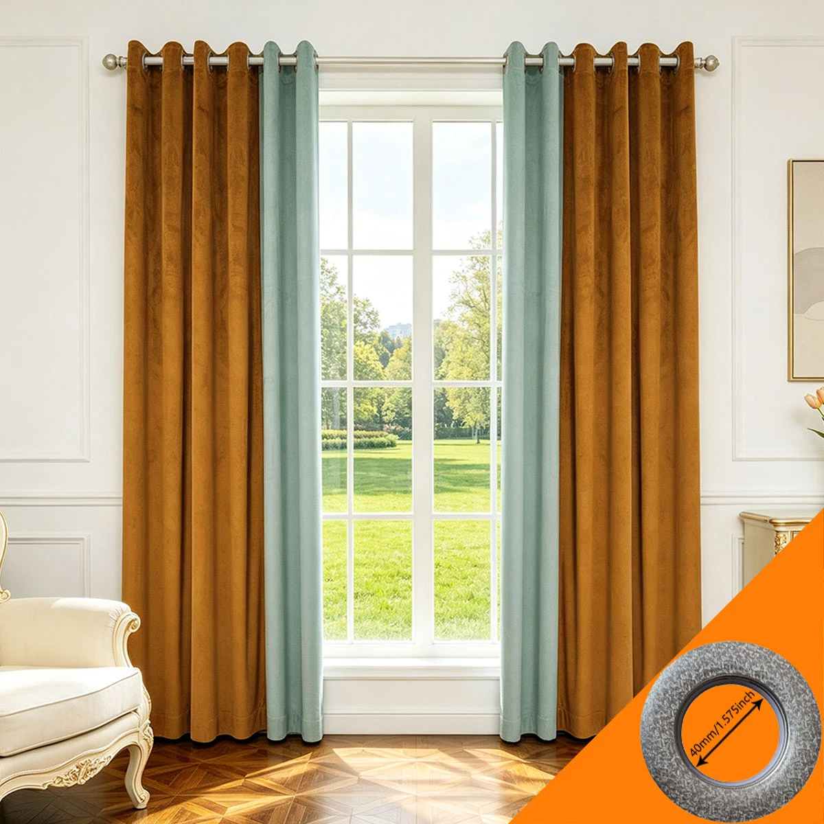 

2pcs Caramel & Sage Green Velvet Blackout Curtains, Luxury Modern Color Block Drapes for Living Room & Bedroom