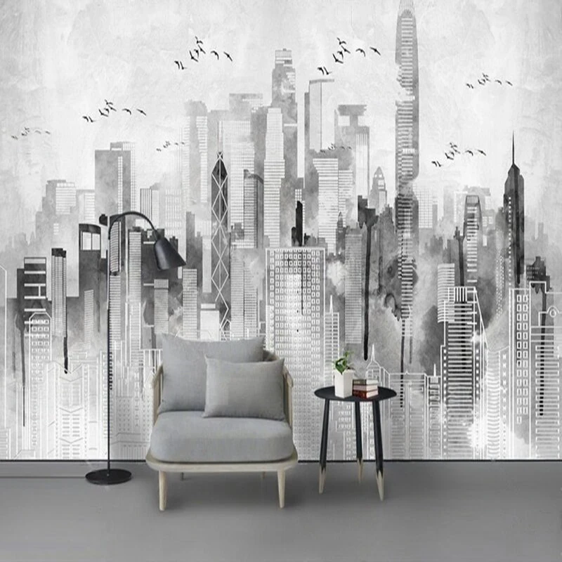 MU9022 Modern simple and fresh ink-wash hand-painted urban custom TV living room background wall paper